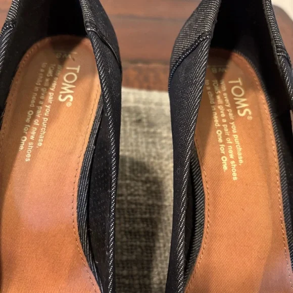 Toms Black Denim Stella Peep-Toe Cork Wedge Heels - Picture 2 of 13